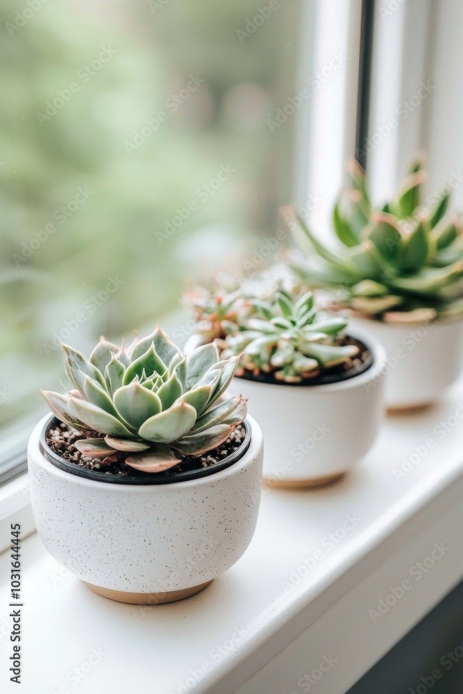 A minimalist arrangement of succulents in white pots on a clean, modern windowsill. A minimalist arrangement of succulents in white pots on a clean, modern windowsill.