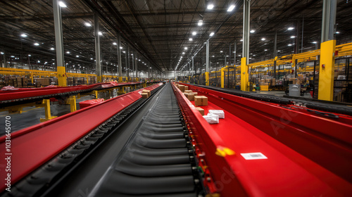 Automated sorting system in warehouse with packages moving along conveyor belts, showcasing efficiency and organization in logistics operations