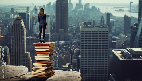 Woman Standing with Stack of Books Overlooking Cityscape