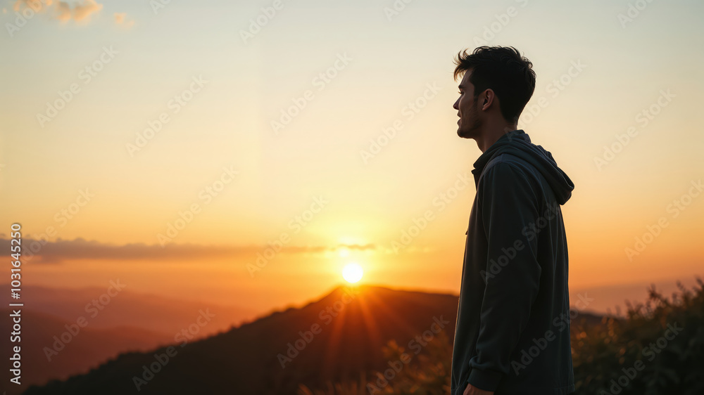 Contemplative Man Enjoying Scenic Mountain Sunset View Contemplative Man Enjoying Scenic Mountain Sunset View