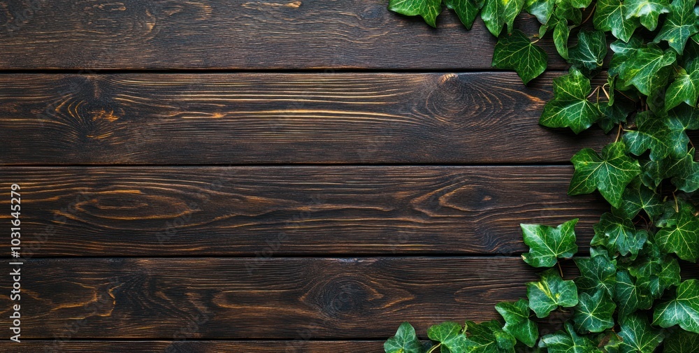 A wooden surface with ivy leaves, creating a natural and earthy aesthetic. A wooden surface with ivy leaves, creating a natural and earthy aesthetic.
