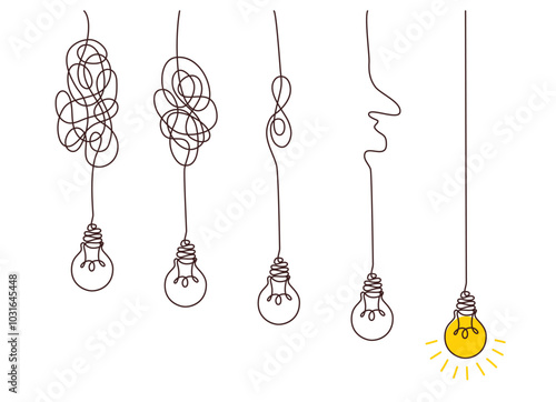 Solution concept of chaos in thoughts with hanging light bulbs with one glowing. Complex problem solving process in hand drawn style. Vector illustration