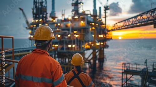 Engineers Overseeing Sustainable Practices at Dusk on an Oil Platform with Breathtaking Views