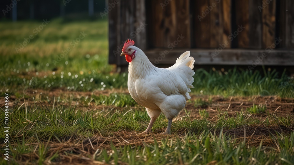A white chicken with a red comb stands in a grassy field, with a wooden shed in the background. A white chicken with a red comb stands in a grassy field, with a wooden shed in the background.