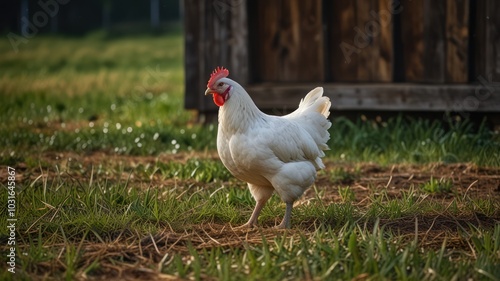 A white chicken with a red comb stands in a grassy field, with a wooden shed in the background. photo