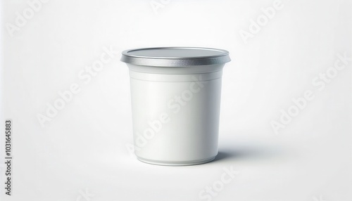 A white plastic yogurt tub with a silver lid and a label featuring a spoon and sample text...Concept: Yogurt, dairy, food, packaging, branding, mockup.