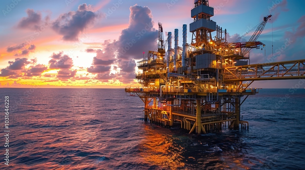 Obraz premium Dramatic Sunset Over Offshore Oil Platform Captivating Natural Beauty and Industrial Innovation