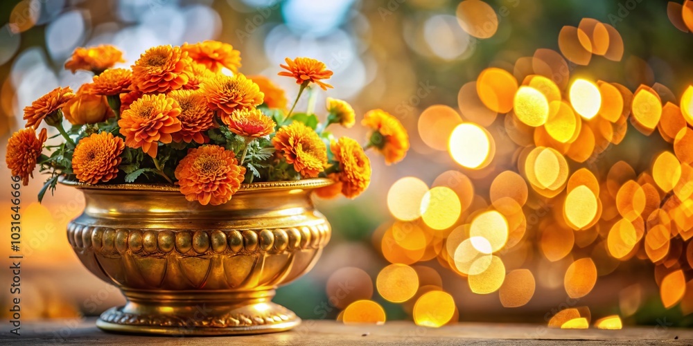 Stunning Golden Ornate Vessel with Vibrant Orange Flowers on Elegant Cloth - Panoramic Photography Stunning Golden Ornate Vessel with Vibrant Orange Flowers on Elegant Cloth - Panoramic Photography