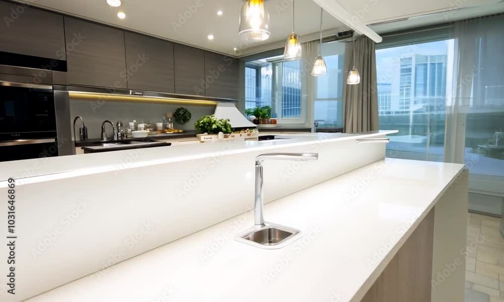 Modern kitchen island with wood cabinetry and white countertop, overlooking a city view. Modern kitchen island with wood cabinetry and white countertop, overlooking a city view.