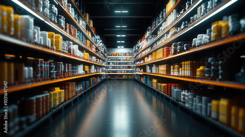 Automated warehouse with rows of glowing shelves filled with various products, showcasing modern and organized storage environment. lighting enhances vibrant colors of items, creating dynamic