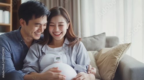 Happy expecting couple sitting on a couch listening to the baby's heartbeat with a fetal doppler.