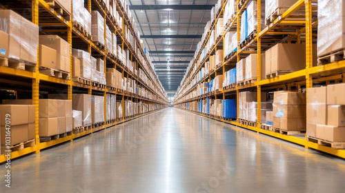 Modern distribution warehouse with organized shelves and conveyor belts, showcasing clean and efficient storage environment. spacious aisles highlight systematic arrangement of boxes and pallets,