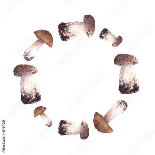 Canvas Print Edible sorts of mushrooms wreath Fungi forest circular frame Watercolor hand dra