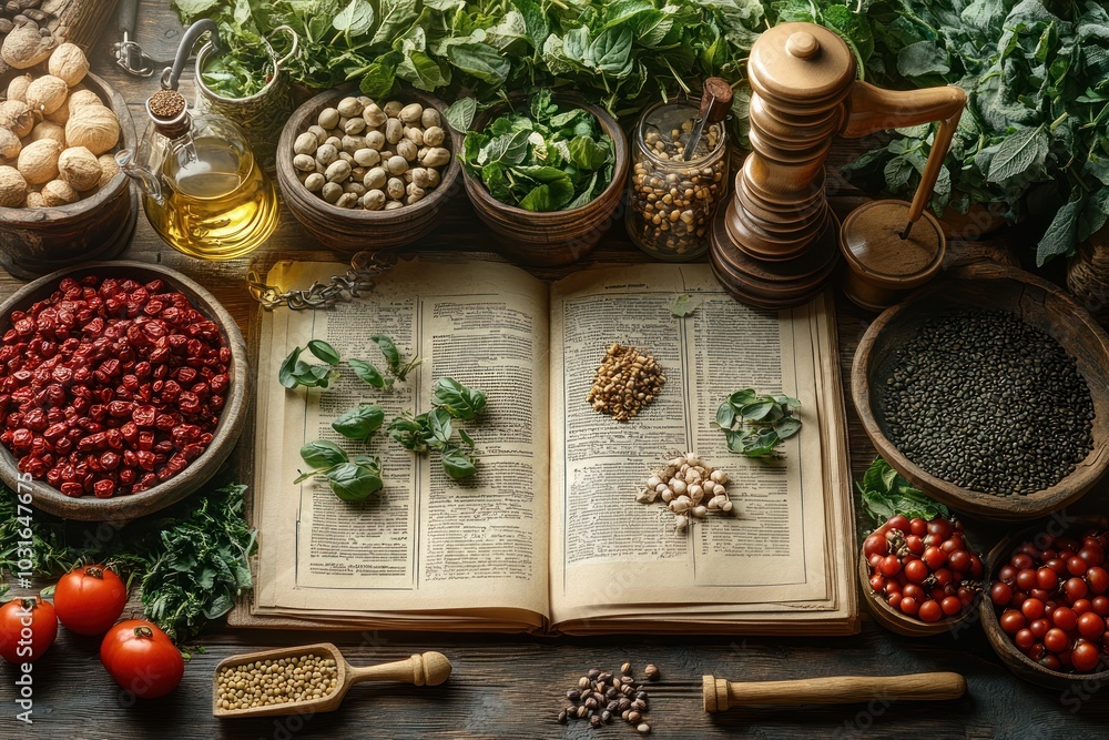 An open book with herbs, spices, and vegetables around it, on a wooden table. An open book with herbs, spices, and vegetables around it, on a wooden table.