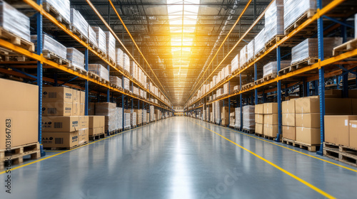 Modern warehouse interior with bright skylights illuminating spacious aisles filled with stacked boxes on pallets, creating organized and efficient storage environment