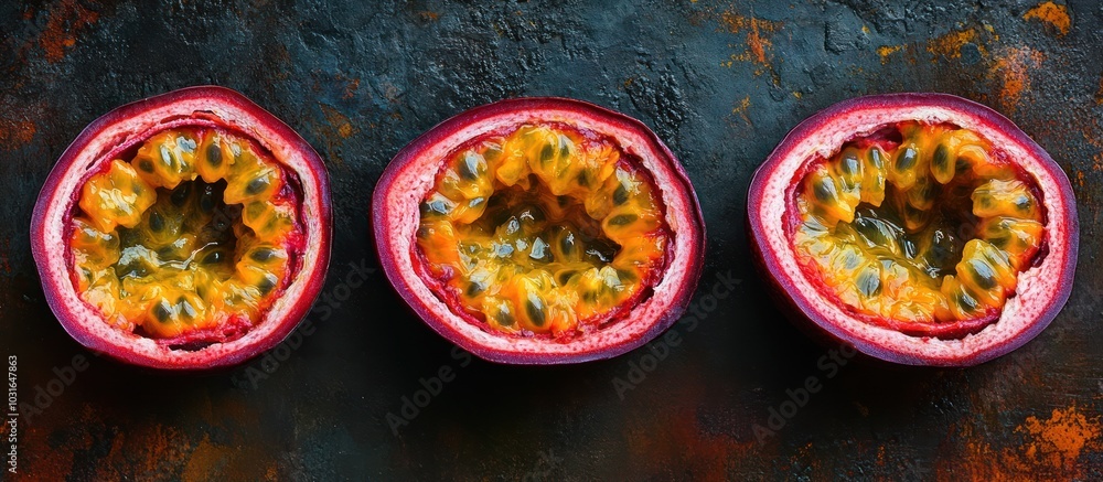 Three passion fruit halves with seeds and flesh on a dark surface. Three passion fruit halves with seeds and flesh on a dark surface.