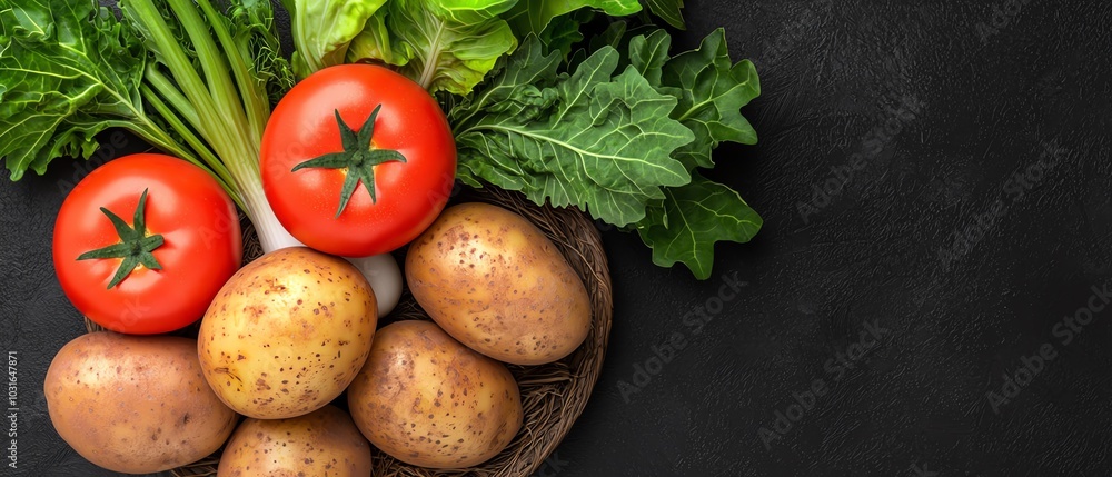 Fresh vegetables including tomatoes, potatoes, and leafy greens arranged on a dark surface. Fresh vegetables including tomatoes, potatoes, and leafy greens arranged on a dark surface.