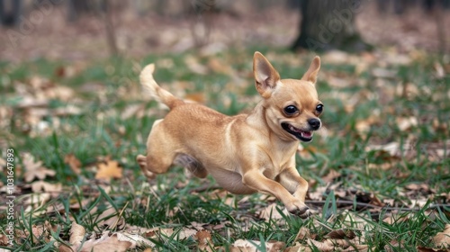 A small chihuahua dog running through the grass. AI.