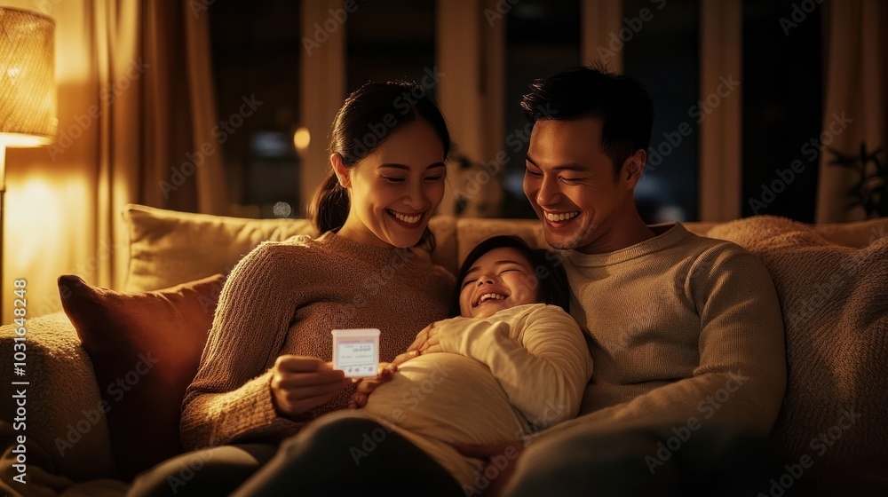 Happy family sitting on a couch at home, laughing together in a cozy and warm living room. Happy family sitting on a couch at home, laughing together in a cozy and warm living room.