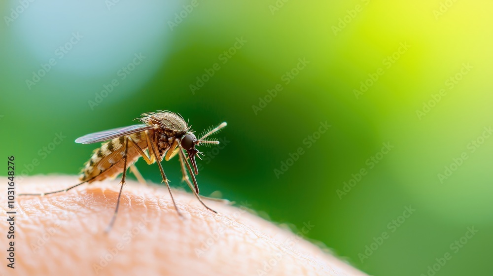 Close up Macro Shot of Mosquito on Skin Biting Green Background Close up Macro Shot of Mosquito on Skin Biting Green Background