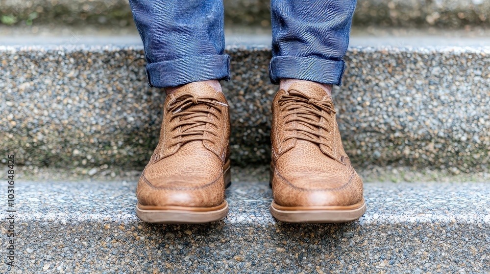 Close up of Brown Leather Boots on Concrete Steps Stylish Footwear Detail Close up of Brown Leather Boots on Concrete Steps Stylish Footwear Detail