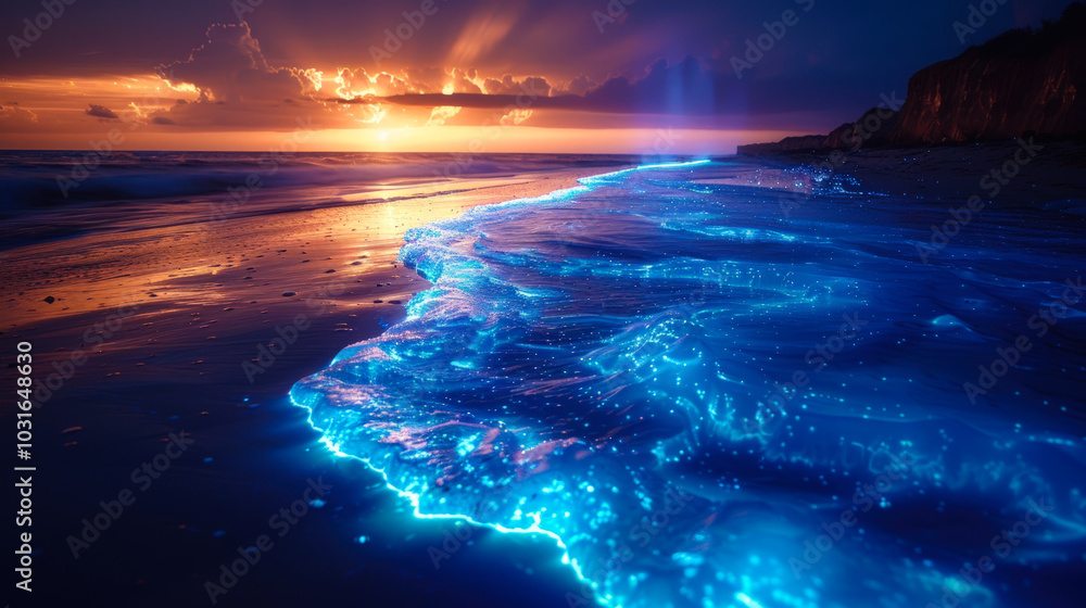 Bioluminescent Shoreline Waves at Twilight
Bioluminescent Shoreline Waves at Twilight