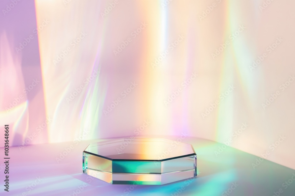 Elegant Glass Podium with Rainbow Light Reflections - Ideal for Product Display, Design, and Advertising Elegant Glass Podium with Rainbow Light Reflections - Ideal for Product Display, Design, and Advertising