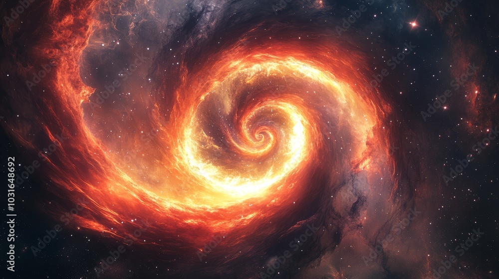 Infinite cosmic spiral of fiery light, gas, and dust twisting through the vast darkness of space. Infinite cosmic spiral of fiery light, gas, and dust twisting through the vast darkness of space.