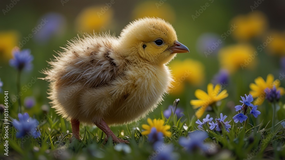 A fluffy yellow chick stands in a field of wildflowers, looking to the right. A fluffy yellow chick stands in a field of wildflowers, looking to the right.