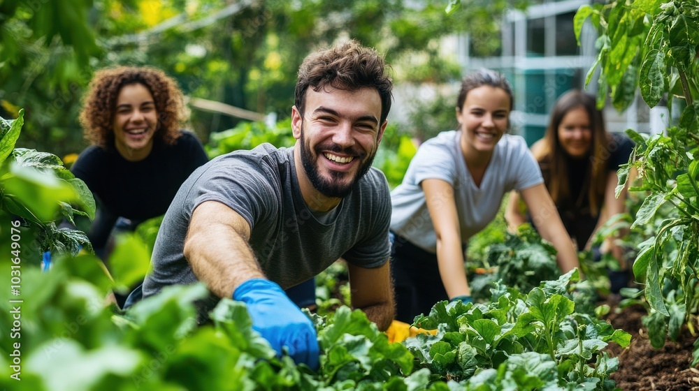 Happy group of friends working together in a garden, smiling and looking at the camera. Happy group of friends working together in a garden, smiling and looking at the camera.