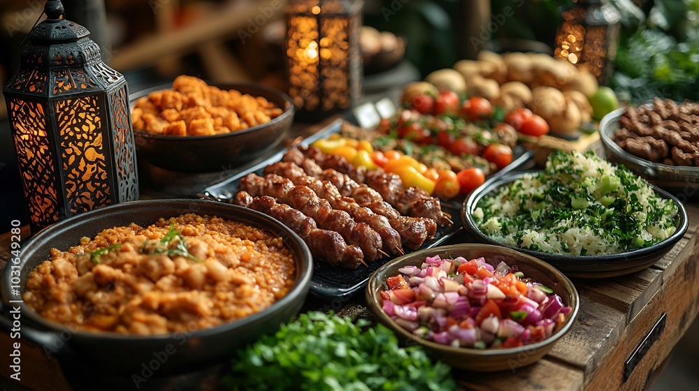 Iftar food spread traditional dishes such as dates lentil soup kebabs and a variety of salads all placed on a table adorned with lanterns and Islamic geometric patterns Iftar food spread traditional dishes such as dates lentil soup kebabs and a variety of salads all placed on a table adorned with lanterns and Islamic geometric patterns