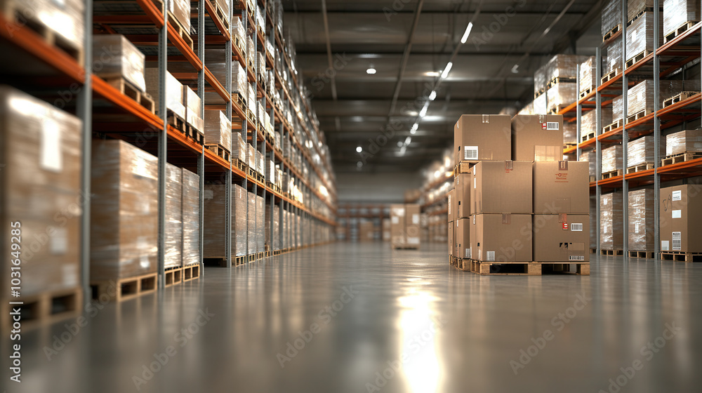 Efficient storage in modern warehouse filled with stacked pallets and boxes. organized layout showcases spacious environment designed for optimal logistics and inventory management Efficient storage in modern warehouse filled with stacked pallets and boxes. organized layout showcases spacious environment designed for optimal logistics and inventory management