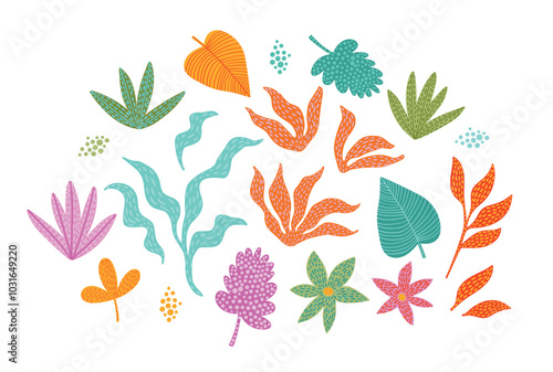 Bright funny abstract leaves and flowers. Modern vector design for logo, branding, t-shirt, posters, packaging and more