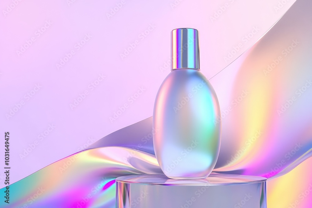 Iridescent Cosmetic Bottle on Shiny Pastel Background - Ideal for Beauty Product Designs and Promotions Iridescent Cosmetic Bottle on Shiny Pastel Background - Ideal for Beauty Product Designs and Promotions