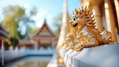 Majestic Golden Lion Statue Guarding a Serene Temple, Peaceful Atmosphere with Lush Background that Enhances the Cultural Significance of this Beautiful Artistry and Architecture photo