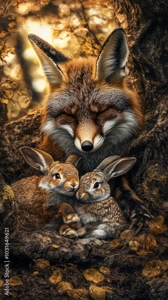 Obraz premium A fox watches over two rabbits in a warm, natural setting, emphasizing wildlife harmony.