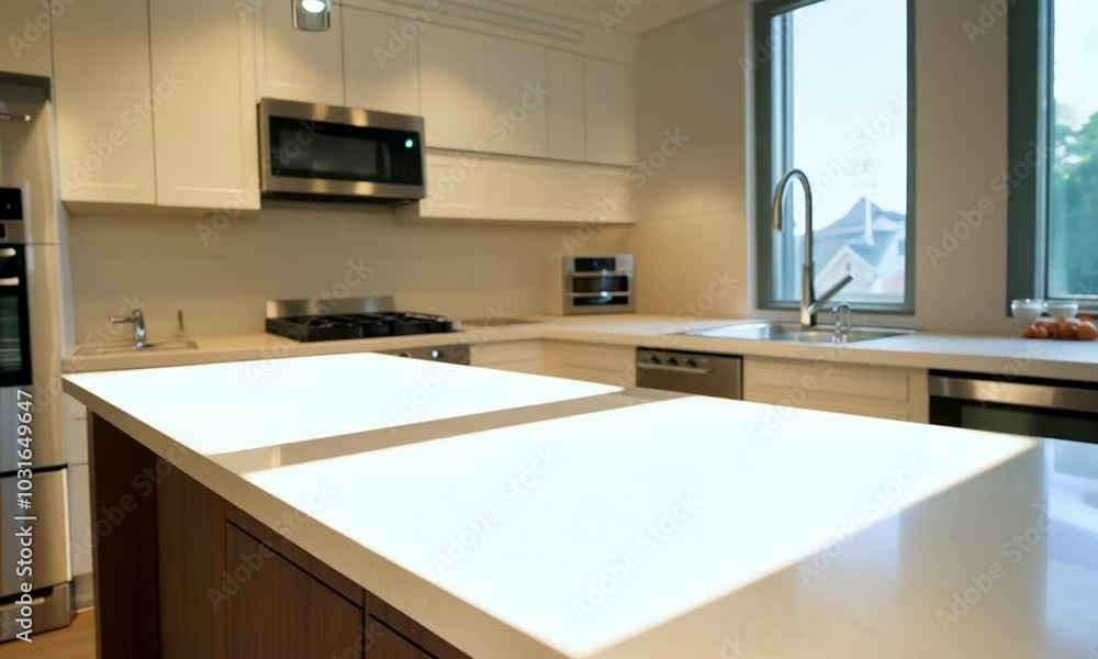 Modern kitchen island with a white countertop and a stainless steel faucet. Modern kitchen island with a white countertop and a stainless steel faucet.