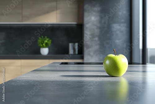 A minimalist kitchen with a sleek island and a single green apple placed on the countertop photo