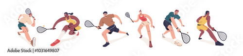 Athletes playing squash, sports game. Men and women players with racket and ball. Active training, action, movements with racquets, racquetballs. Flat vector illustration isolated on white background