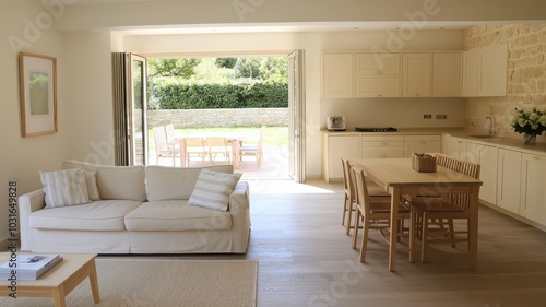 Stylish open-plan interior with folding doors leading to a serene summer garden retreat.