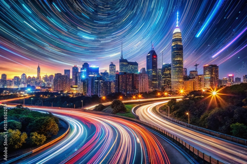Fototapeta premium Stunning Long Exposure Nightscape of City Lights and Star Trails