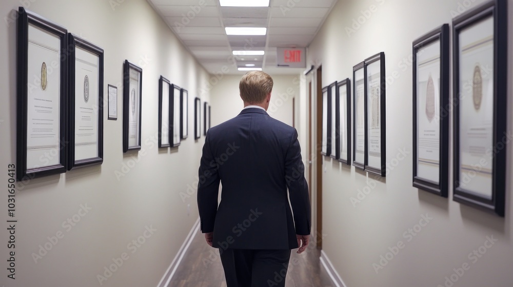 custom made wallpaper toronto digitalMan in Suit Walking Down a Hallway with Framed Documents on the Walls
