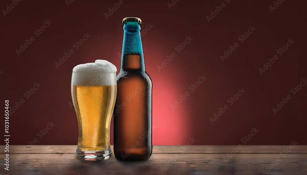 Product photography, advertising poster, beer bottle with beer glass It looks delicious and has a cool atmosphere. Product photography, advertising poster, beer bottle with beer glass It looks delicious and has a cool atmosphere.