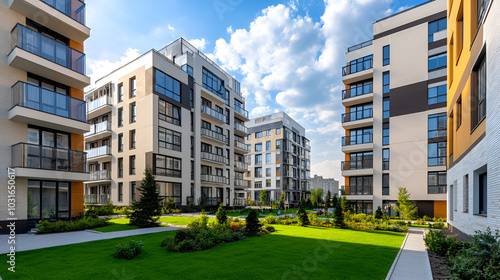 Modern residential apartment buildings with outdoor areas and lawns in the city.