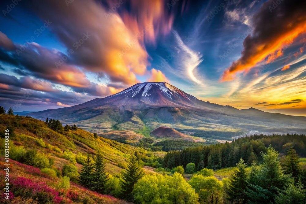 Fototapeta premium Stunning Long Exposure Panorama of Mount Saint Helens with Dramatic Clouds and Lush Greenery