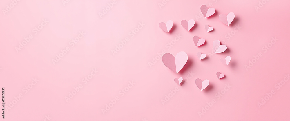 Paper pink hearts fly on soft of valentine's day card on background with copy space for text Paper pink hearts fly on soft of valentine's day card on background with copy space for text