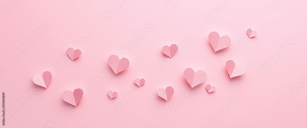 Paper pink hearts fly on soft of valentine's day card on background with copy space for text Paper pink hearts fly on soft of valentine's day card on background with copy space for text