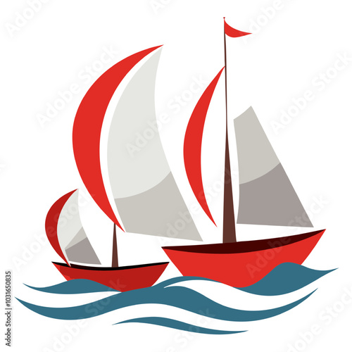 Sailboats on the Open Sea: A vibrant and playful illustration of two red sailboats gliding across the azure waves, capturing the spirit of adventure and freedom. 