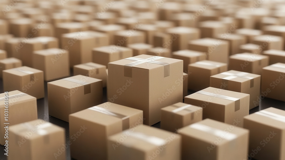 Fototapeta premium Organized cardboard boxes stacked in warehouse, showcasing variety of sizes and shapes. scene conveys sense of order and efficiency in logistics and storage