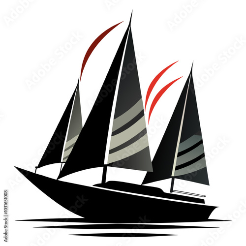 Sailing into the Horizon: A sleek, black sailboat with three sails, two of which are billowing with red ribbons, cuts through the water, symbolizing adventure, freedom.